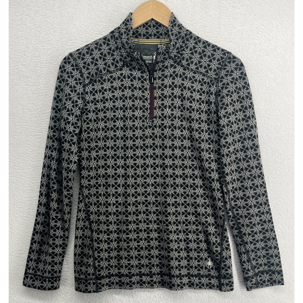 SMARTWOOL Top Womens M Merino 250 Base Layer 1/4 Zip Geometric Thermal Black - Picture 2 of 12